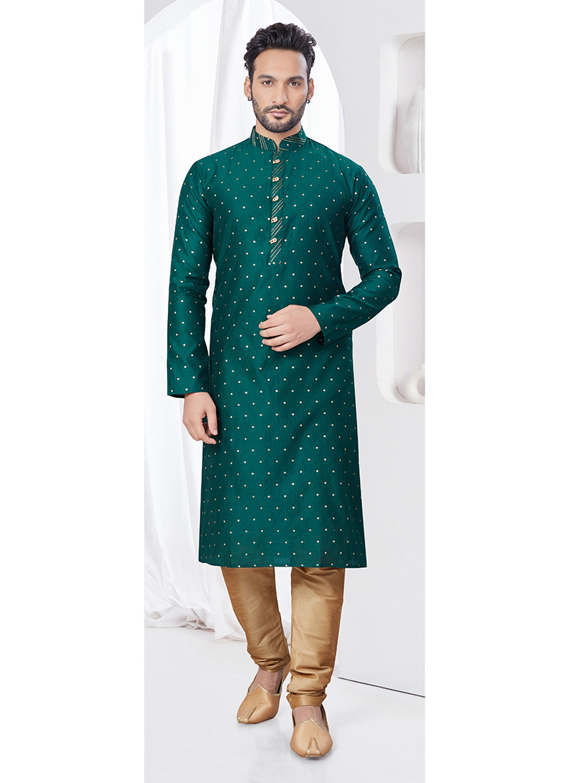 Green Embroidered Jacquard Print Silk Kurta Pyjama For Men Festive Wear