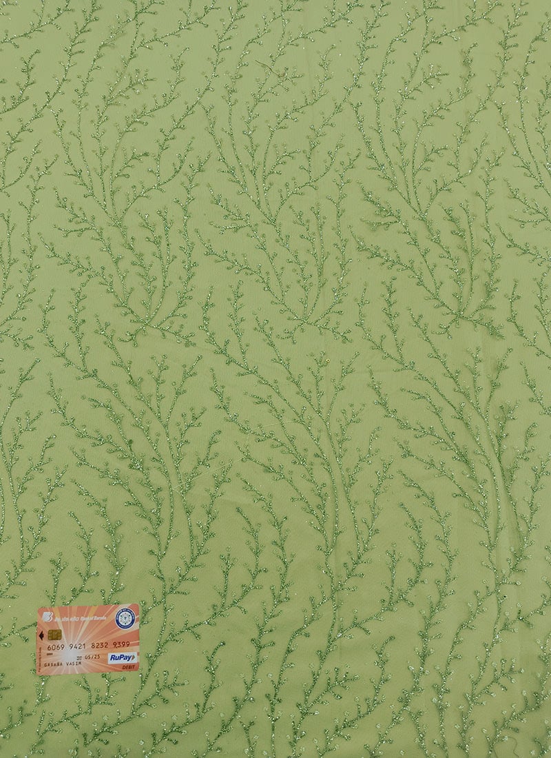 Green Embroidered Net Fabric