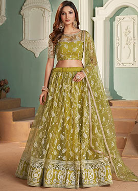 Green Embroidered Net Umbrella Lehenga