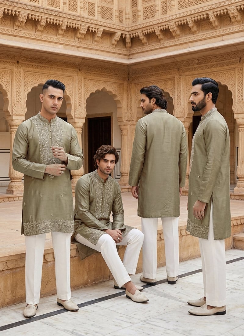 Green Embroidered Sequined Silk Kurta Pyjama Festive Wear