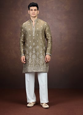 Green Embroidered Sequined Silk Kurta Pyjama