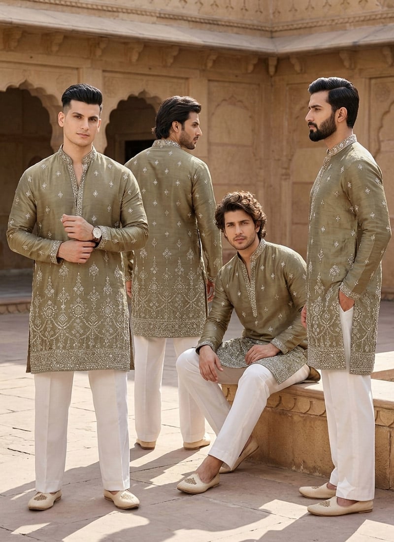 Green Embroidered Sequined Silk Kurta Pyjama Festive Wear