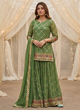 Green Embroidered Sequins Chinon Palazzo Suit