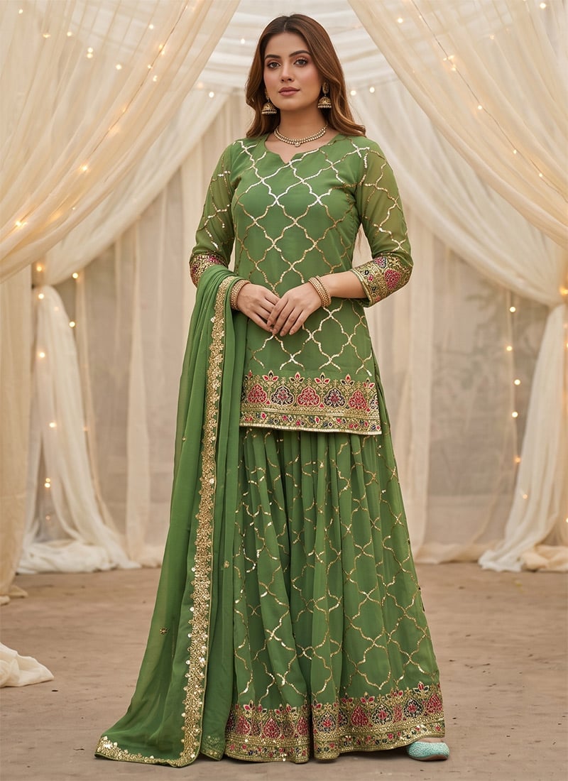 Green Embroidered Sequins Chinon Palazzo Suit Festive Wear