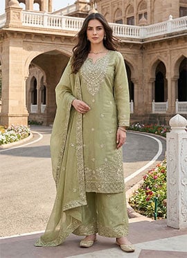 Green Embroidered Sequins Silk Palazzo Suit