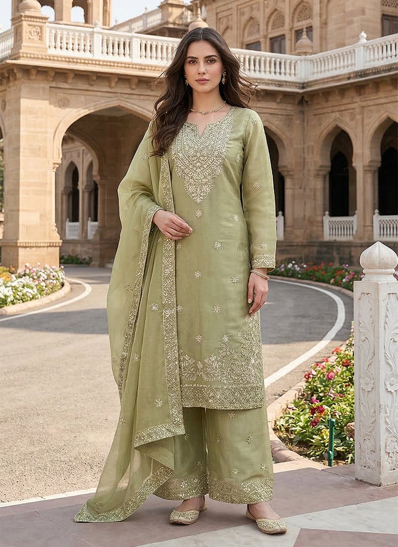 Green Embroidered Sequins Silk Palazzo Suit Festive Wear