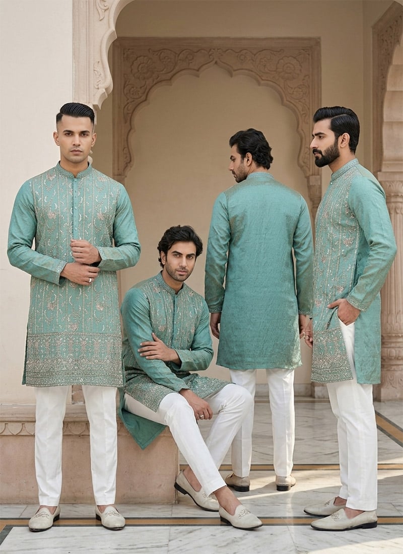 Green Embroidered Silk Kurta Pyjama Festive Wear