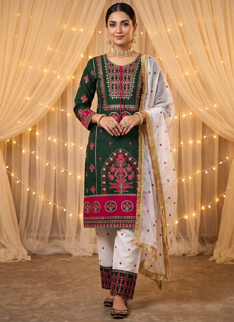 Green Embroidered Silk Straight Pant Suit Festive Wear