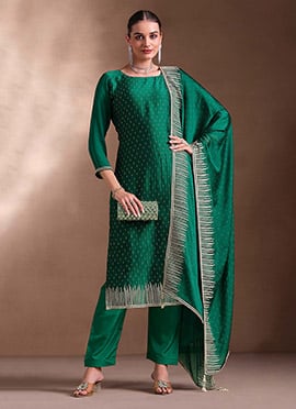 Green Embroidered Stone Work Cotton Georgette Straight Pant Suit