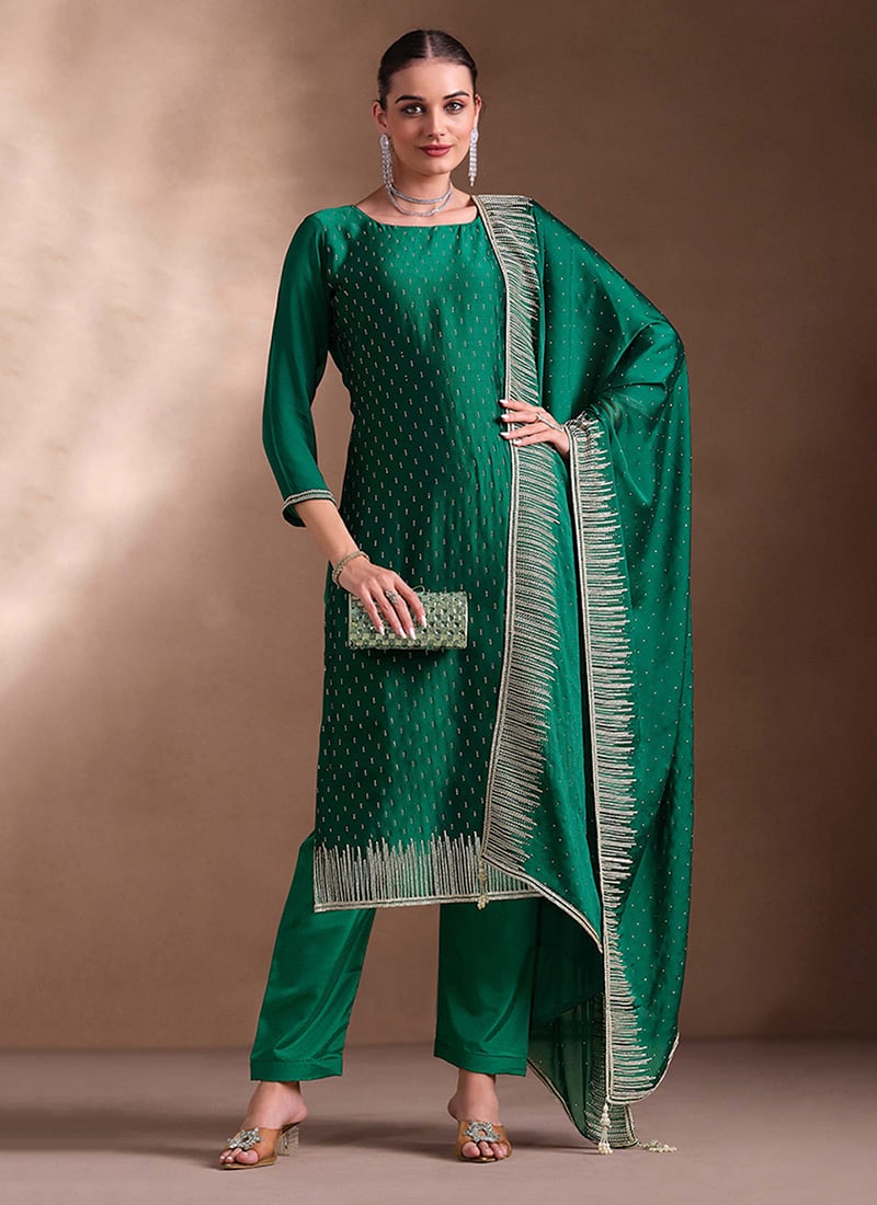 Green Embroidered Stone Work Cotton Georgette Straight Pant Suit Festive Wear