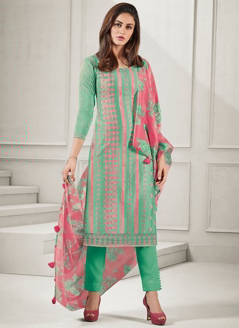 Buy Green Embroidered Straight Pant Suit, Printed , Embroidered