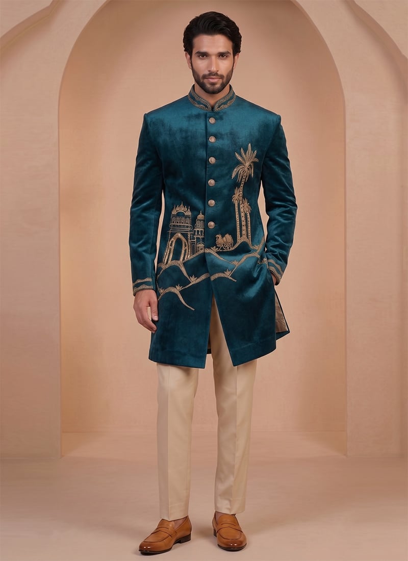 Green Embroidered Velvet Indowestern Sherwani Wedding Wear