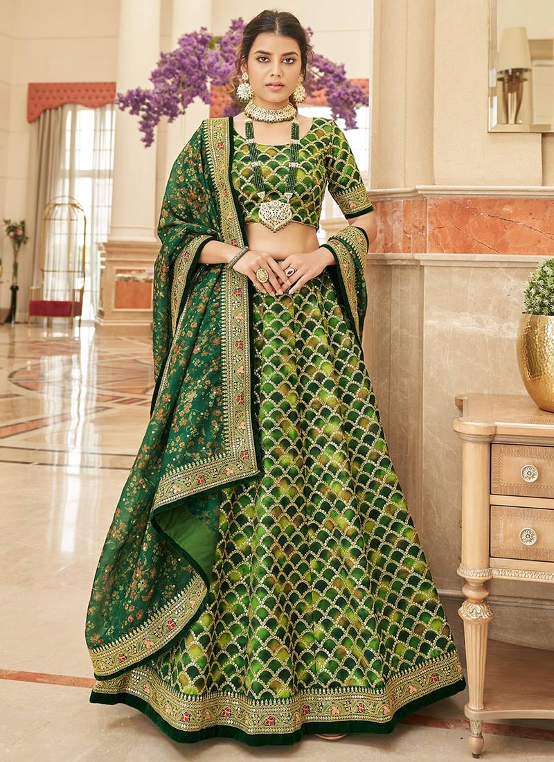 Green Embroidery Sequins Printed Work Velvet Umbrella Lehenga Wedding Wear