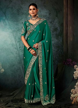 Green Fancy Silk Zari Embroidered Sequins Stones Saree
