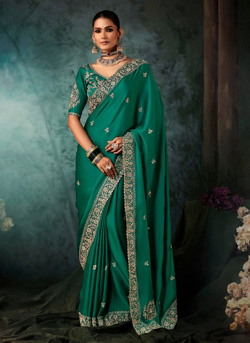 Green Fancy Silk Zari Embroidered Sequins Stones Saree
