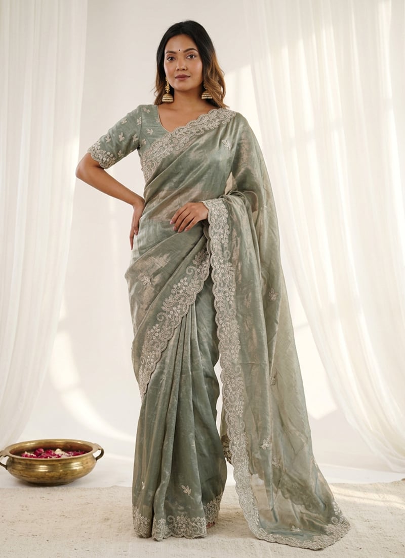 Green Fandy Satin Silk Embroidered Sequins Saree Festive Wear