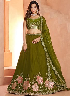 Green Fandy Silk  Floral Embroidered Lehenga