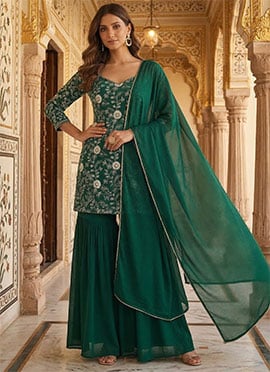 Green Fandy Silk Embroidered Sharara Suit