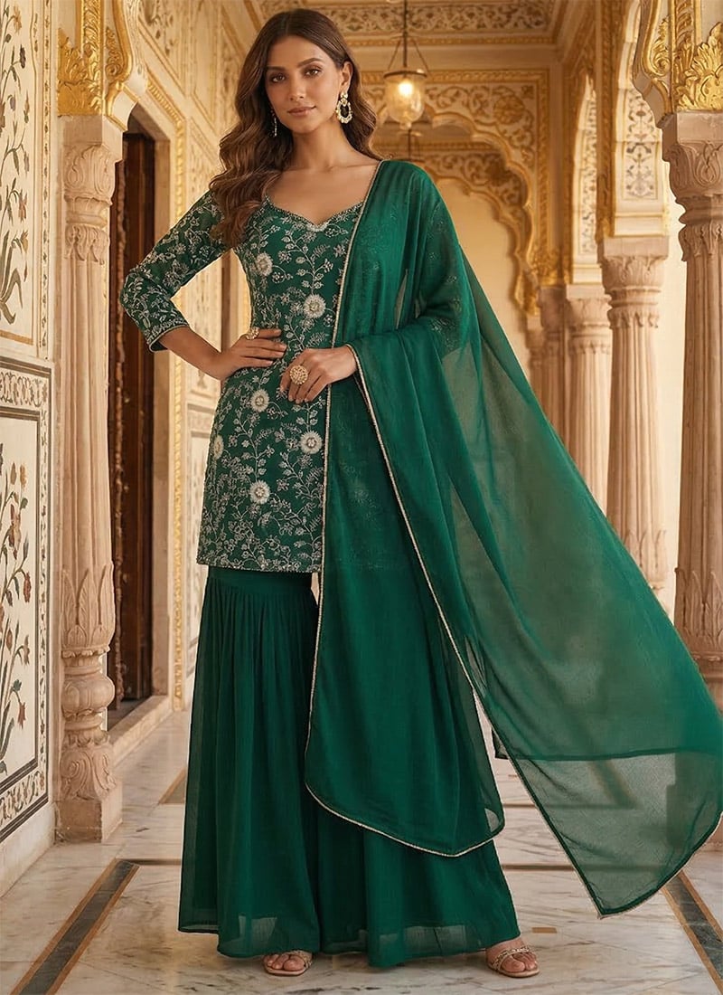 Green Fandy Silk Embroidered Sharara Suit Festive Wear
