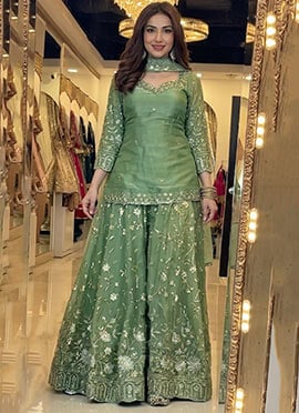 Green Fandy Silk Embroidered Sharara Suit