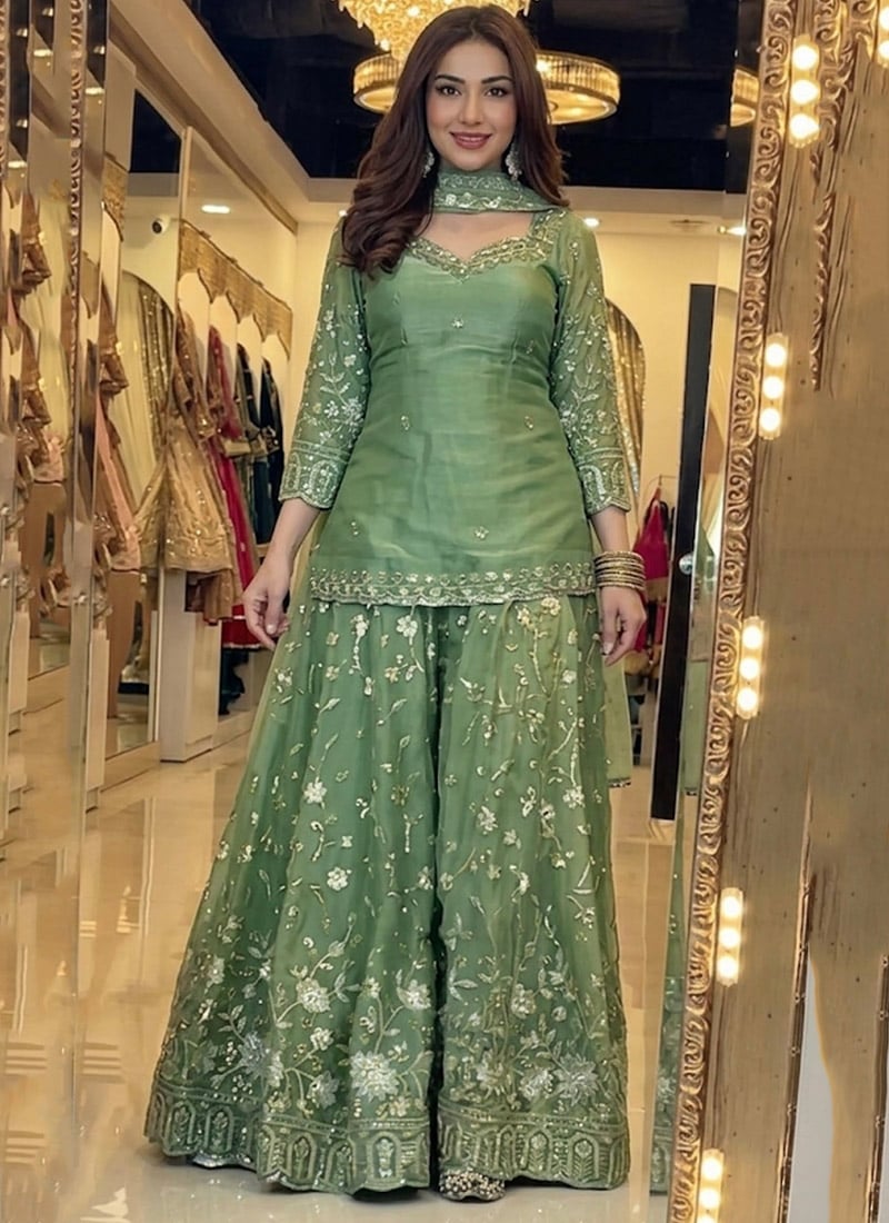 Green Fandy Silk Embroidered Sharara Suit After Six Wear