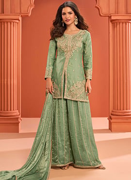 Green Fandy Silk Zari Embroidered Sequins With Mirror Work Palazzo Suit