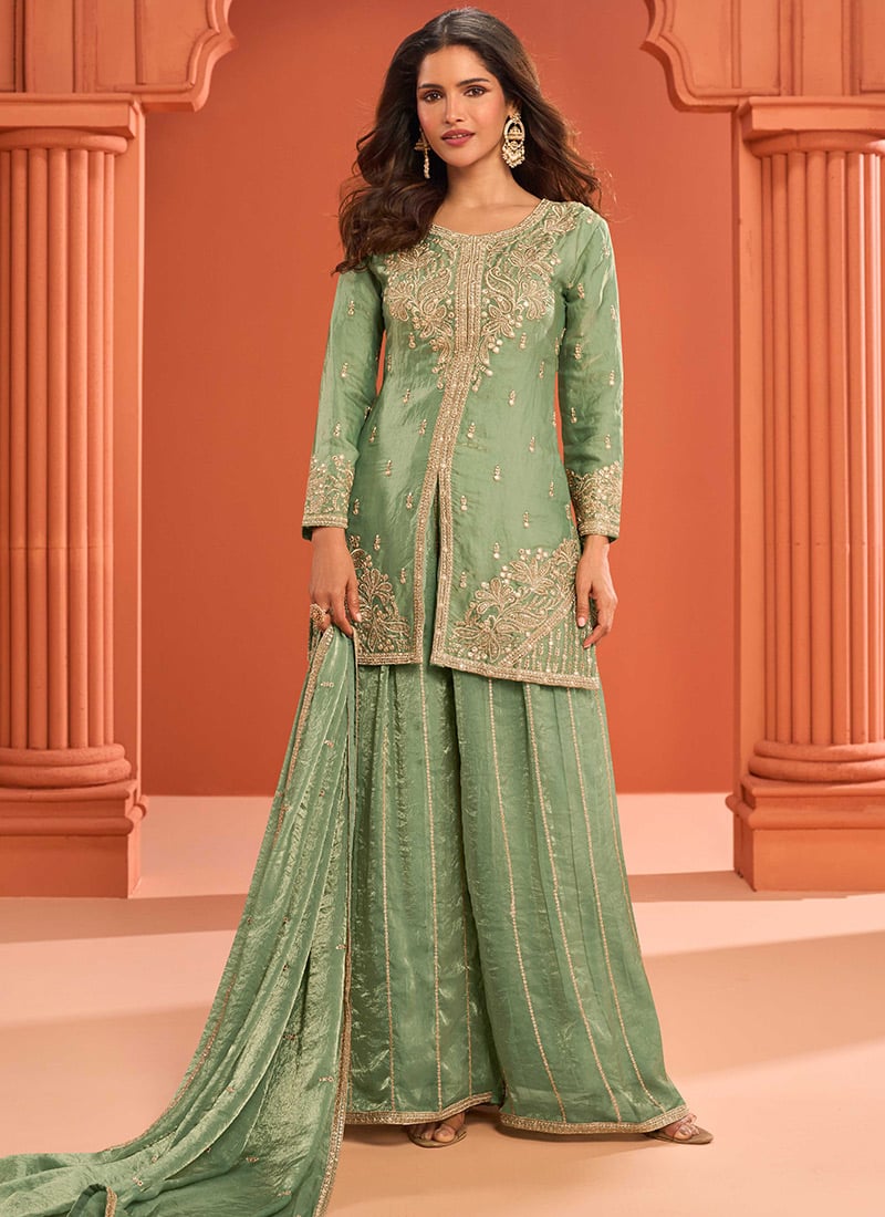 Green Fandy Silk Zari Embroidered Sequins With Mirror Work Palazzo Suit Festive Wear