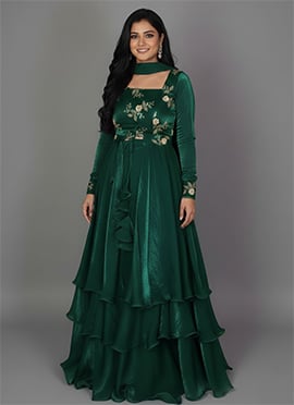 Green Fandy Silk Zari Sequins Hand Embroidered Anarkali Lehenga Set
