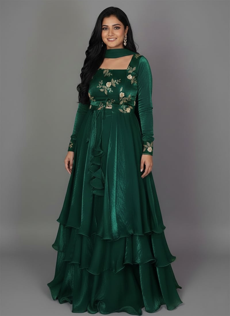 Green Fandy Silk Zari Sequins Hand Embroidered Anarkali Lehenga Set Wedding Wear