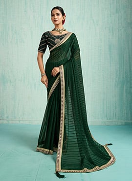 Green Faux Chiffon Zari Embroidered Sequins Saree