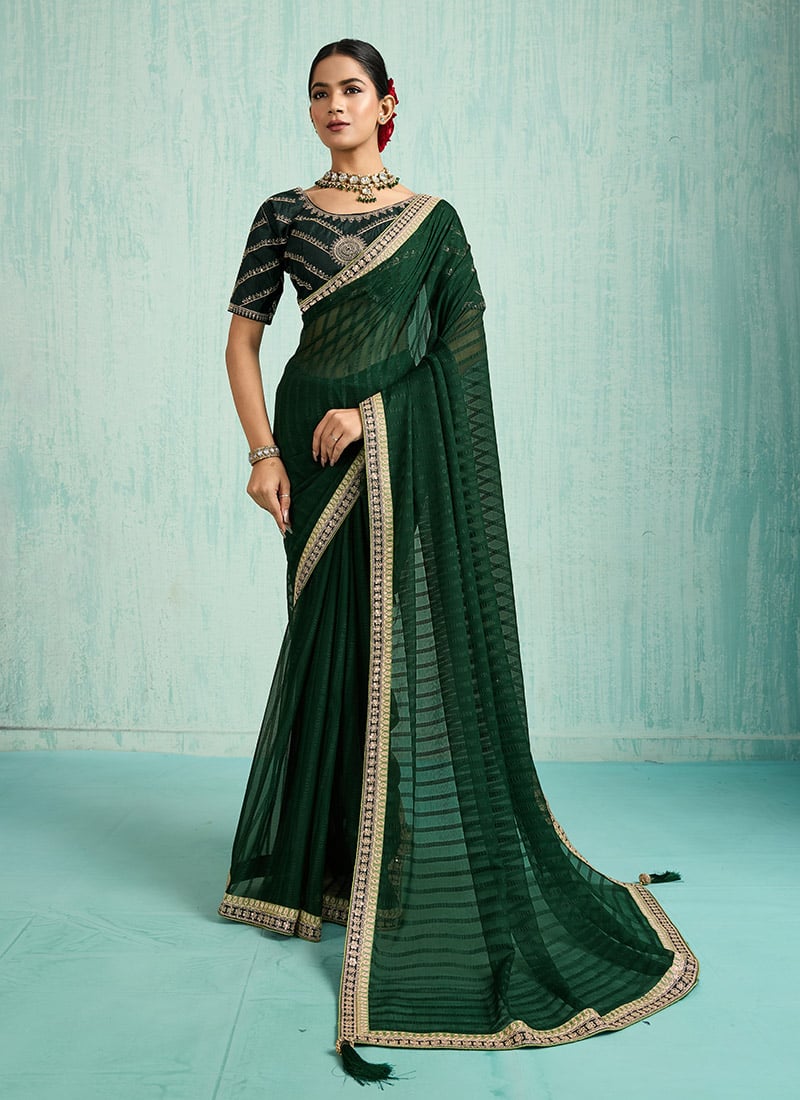Green Faux Chiffon Zari Embroidered Sequins Saree Festive Wear