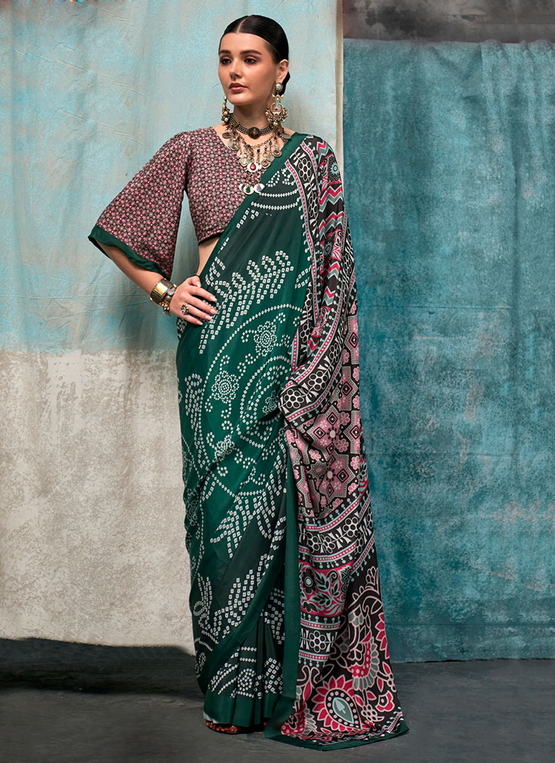 Green Faux Crepe Digital Print Indian Saree After Six Wear