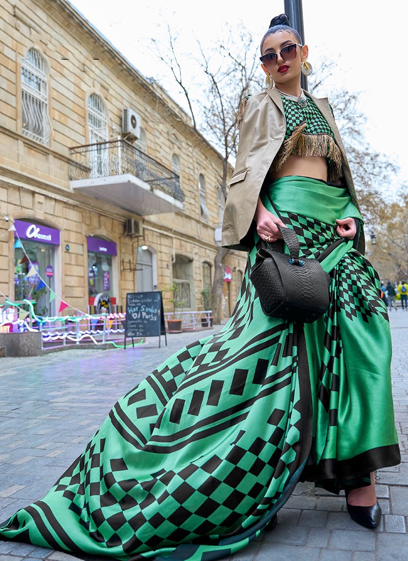 Green Faux Crepe Digital Print Saree