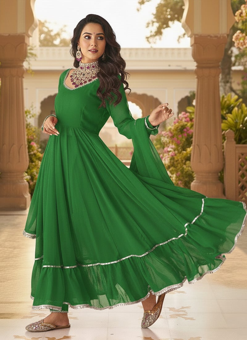 Green Faux Georgette Anarkali Suit Festive Wear