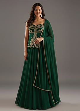 Green Faux Georgette Beads Sequins Hand Embroidered A Line Lehenga