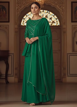 Green Faux Georgette Beads Sequins Hand Embroidered Palazzo Suit