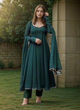 Green Faux Georgette Beads Hand Embroidered Anarkali Suit