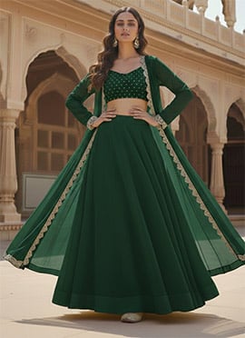 Green Faux Georgette Beads Work Indowestern Skirt Set With Jacket