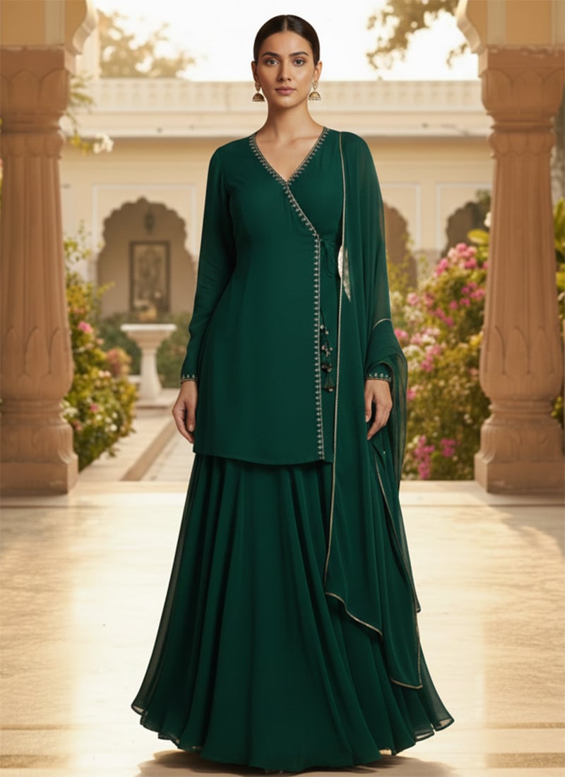 Green Faux Georgette Cutdana Work Long Choli Lehenga Festive Wear