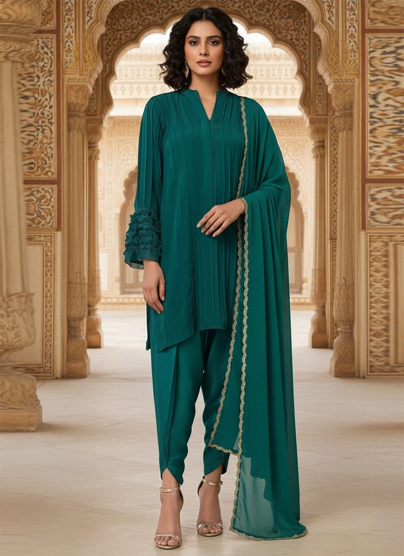 Green Faux Georgette Dhoti Style Salwar Suit Festive Wear