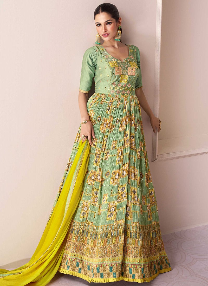 Green Faux Georgette Digital Print and Embroidered Anarkali Suit Party Wear