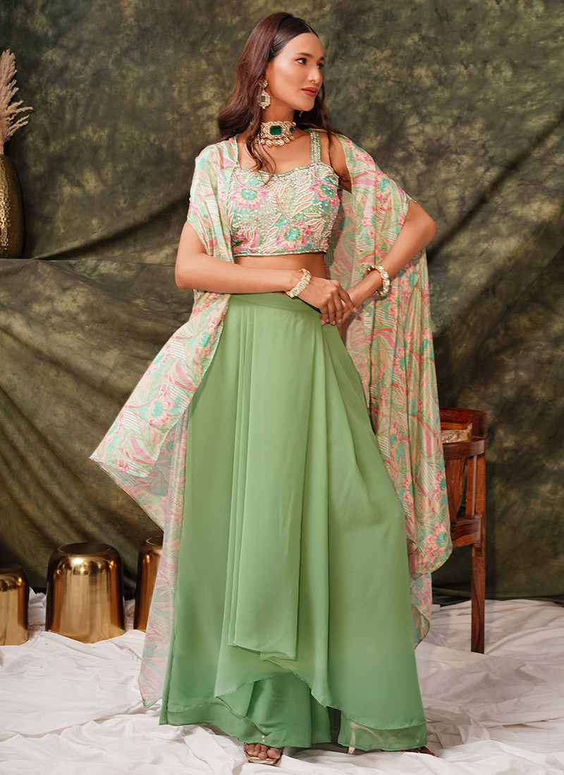Green Faux Georgette Digital Print Beads Work Indowestern Jacket Skirt Set Wedding Wear-IWSUSATC407A