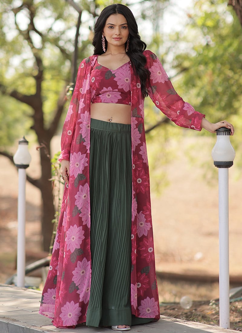 Green Faux Georgette Digital Print Gorgeous Indowestern Set After Six Wear