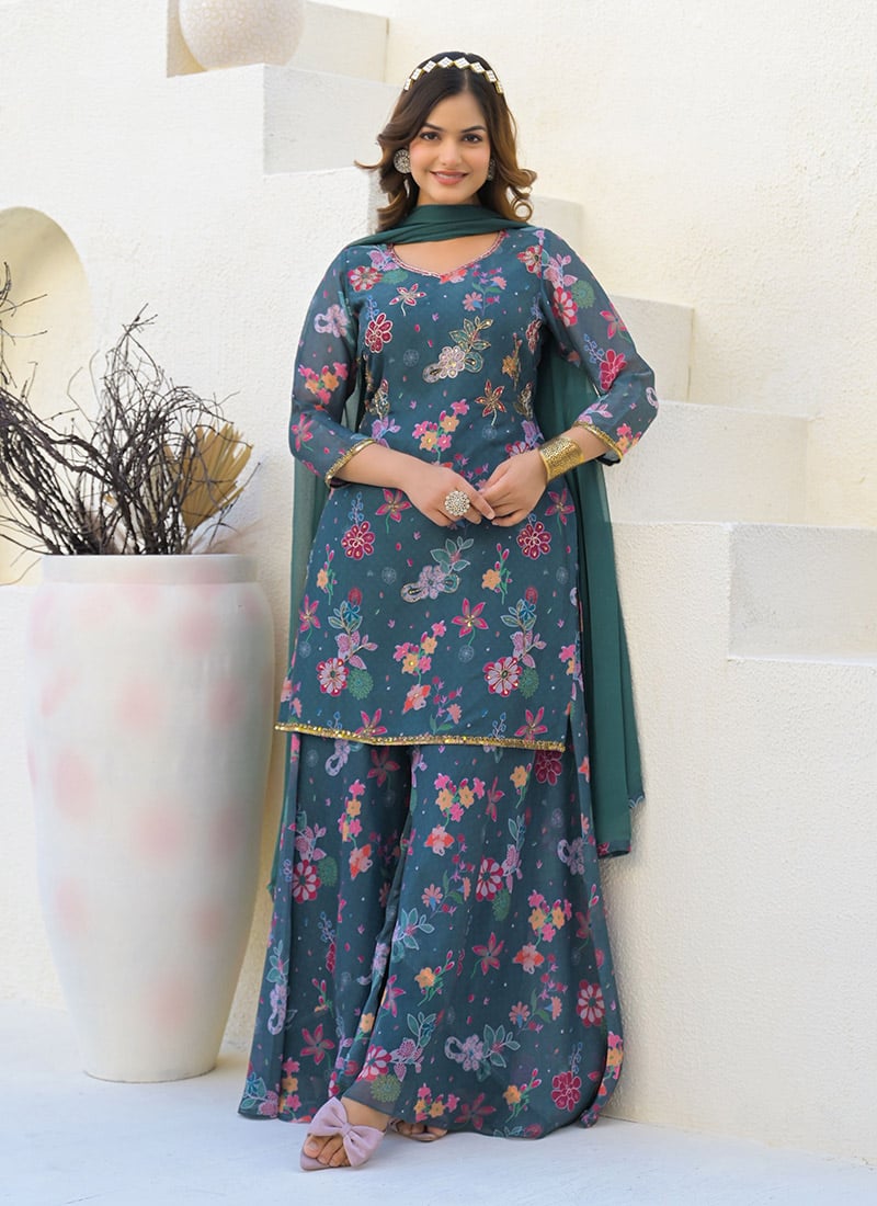 Green Faux Georgette Digital Print Hand Embroidered Palazzo Suit Festive Wear