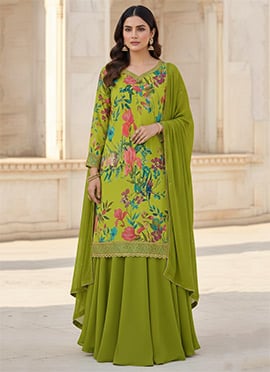 Green Faux Georgette Digital Print Long Choli Lehenga