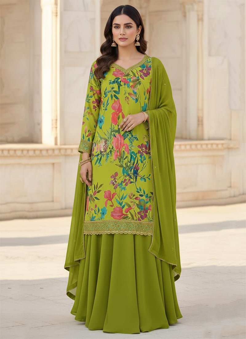 Green Faux Georgette Digital Print Long Choli Lehenga Festive Wear