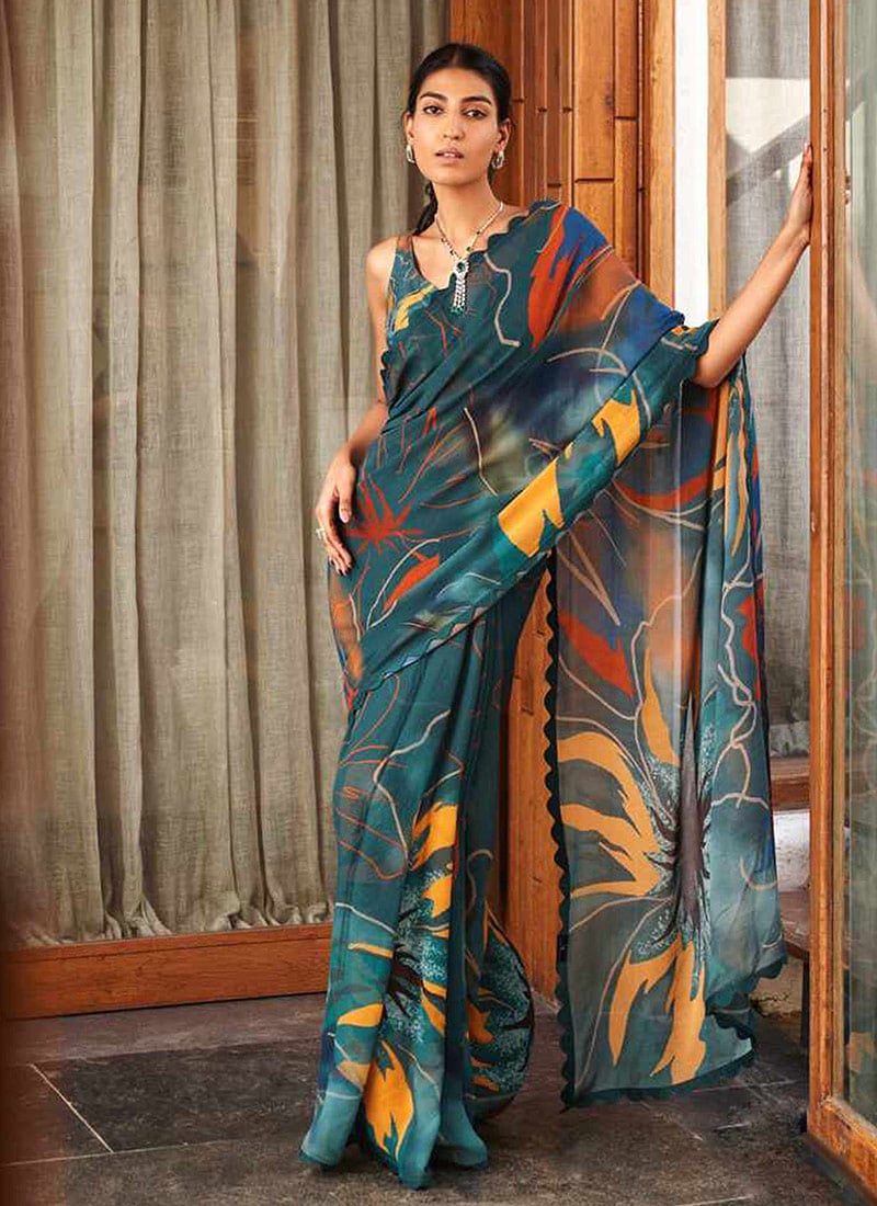 Green Faux Georgette Digital Print Saree