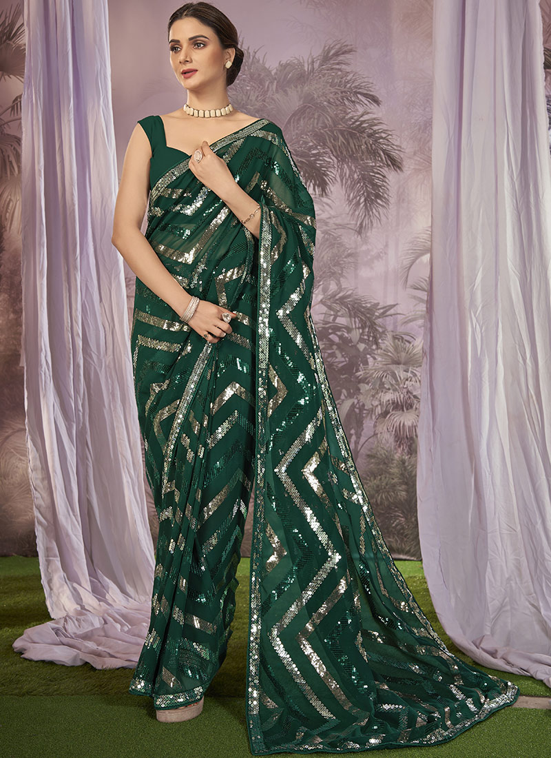 Green Faux Georgette Diwali Saree Embossed With Sequins Party Wear