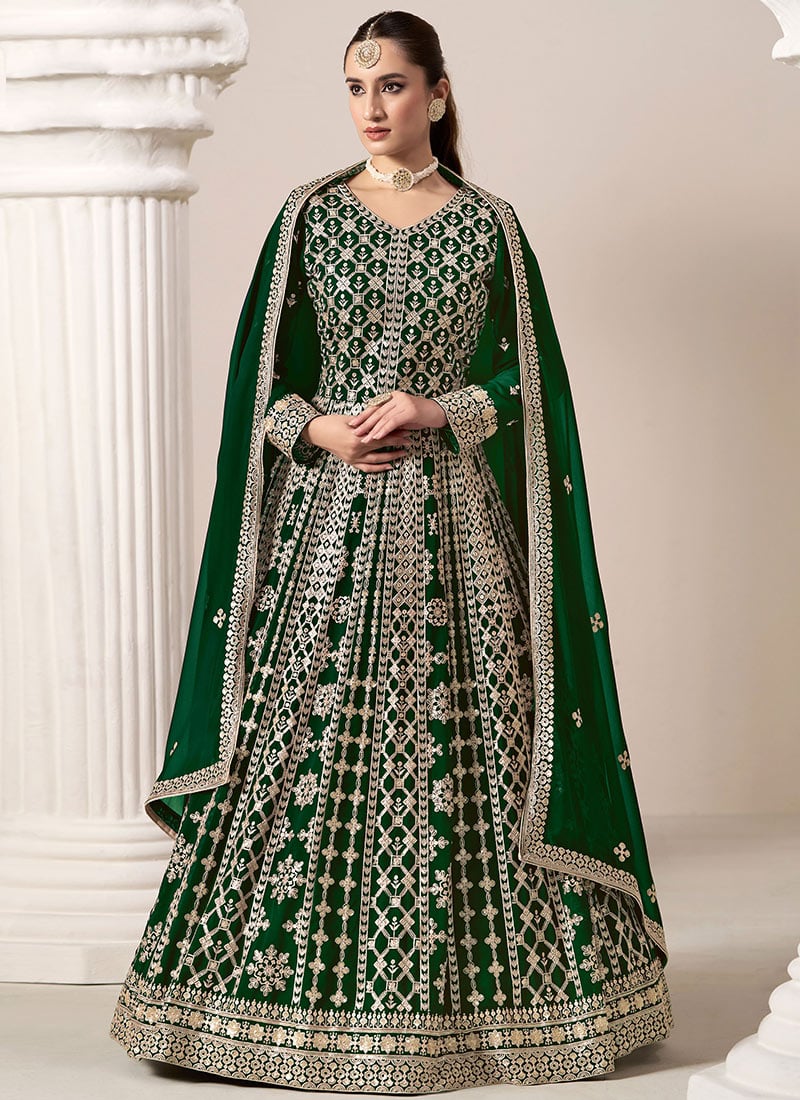 Green Faux Georgette Embroidered Anarkali Suit Festive Wear