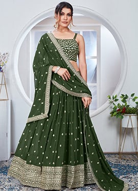 Green Georgette Embroidered Classy Lehenga